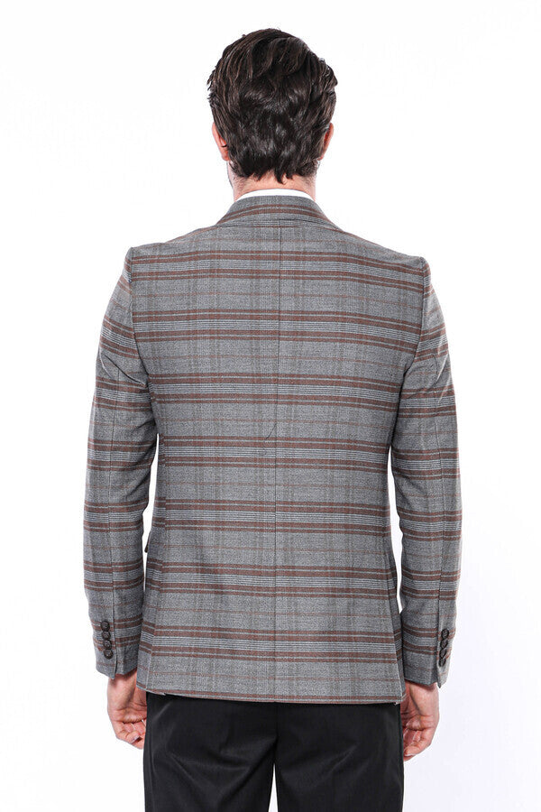 Ekose Desenli Slim Fit Kahverengi Erkek Ceket - Wessi