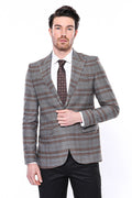 Plaid Pattern Slim Fit Brown Men's Jacket - Wessi