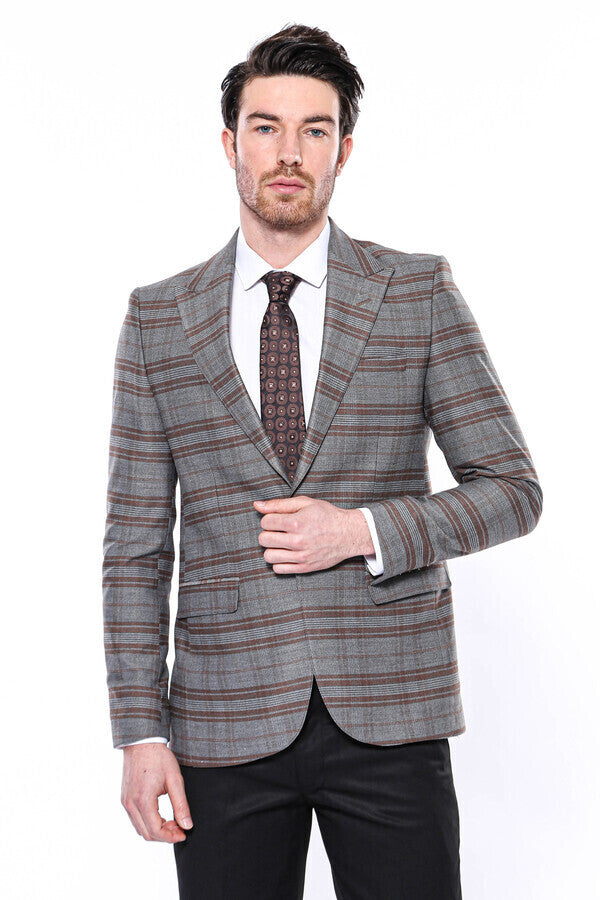 Ekose Desenli Slim Fit Kahverengi Erkek Ceket - Wessi