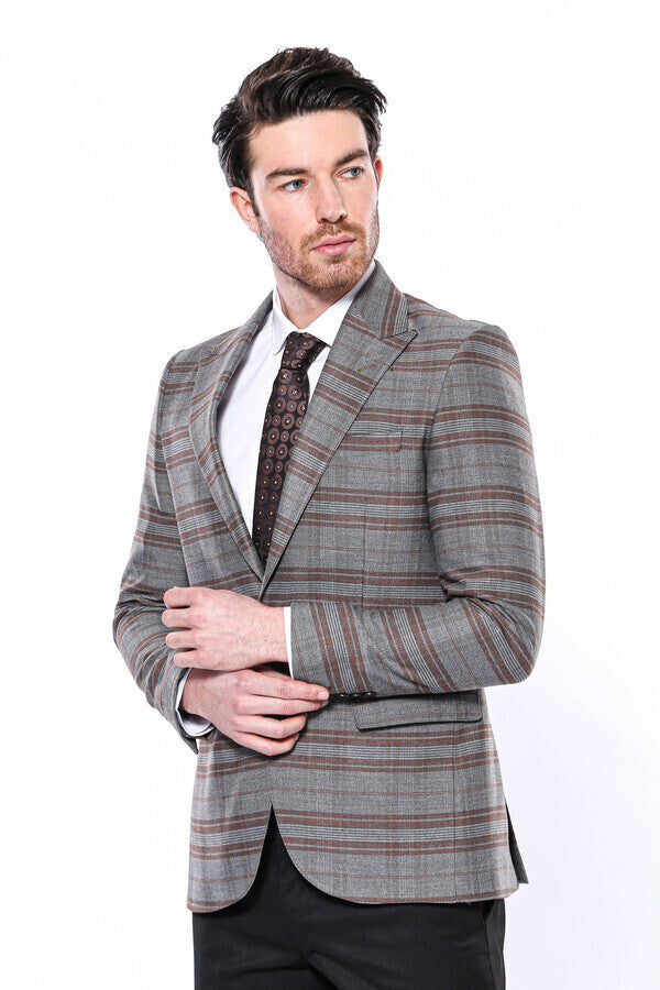 Ekose Desenli Slim Fit Kahverengi Erkek Ceket - Wessi