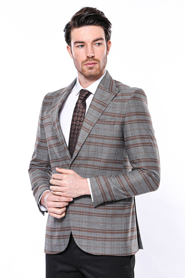 Ekose Desenli Slim Fit Kahverengi Erkek Ceket - Wessi