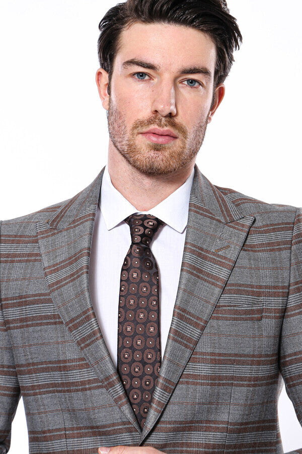 Ekose Desenli Slim Fit Kahverengi Erkek Ceket - Wessi