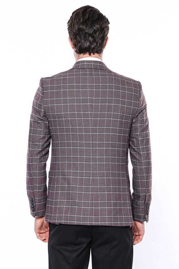 Ekose Slim Fit Bordo Erkek Ceket - Wessi