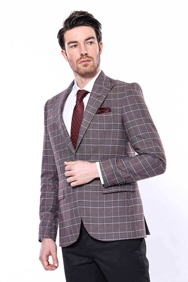 Ekose Slim Fit Bordo Erkek Ceket - Wessi