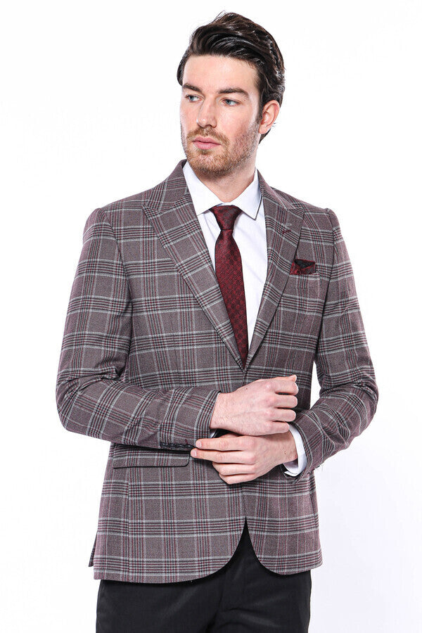 Ekose Slim Fit Bordo Erkek Ceket - Wessi