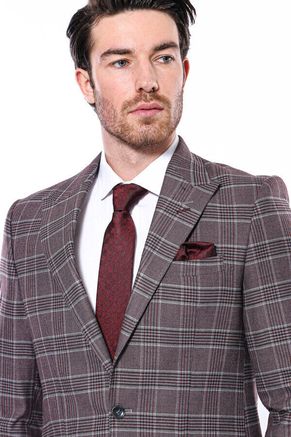 Ekose Slim Fit Bordo Erkek Ceket - Wessi