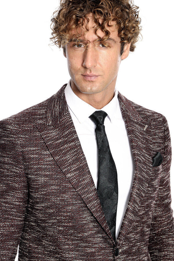 Desenli Slim Fit Spor Bordo Erkek Ceket - Wessi