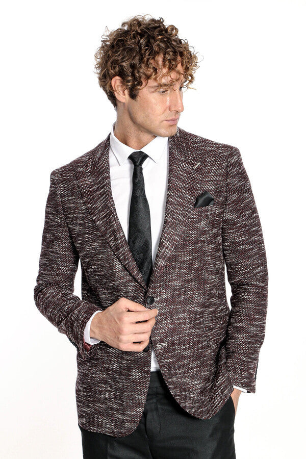 Desenli Slim Fit Spor Bordo Erkek Ceket - Wessi