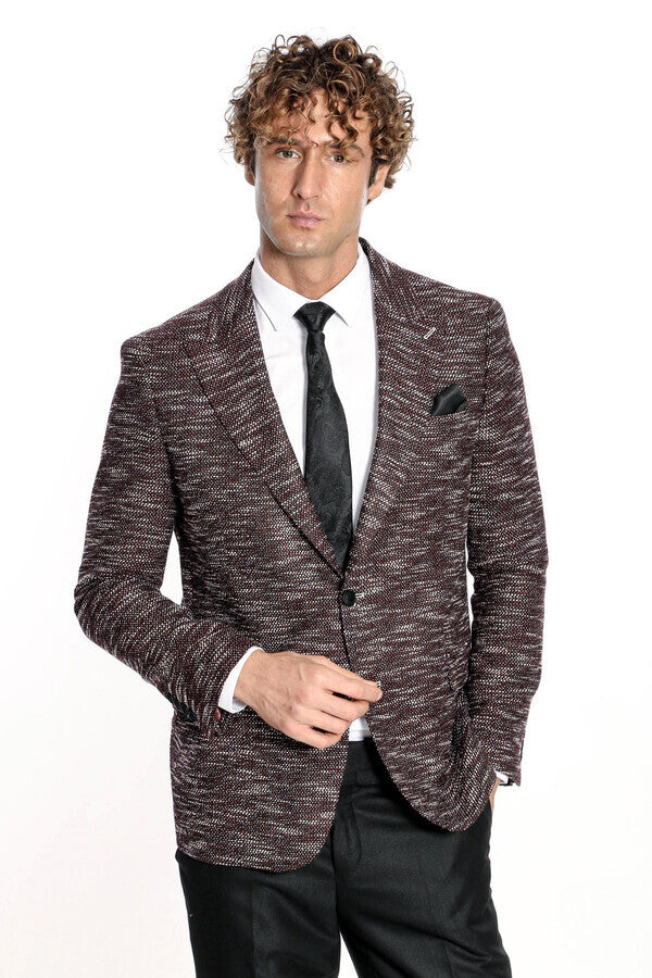 Desenli Slim Fit Spor Bordo Erkek Ceket - Wessi