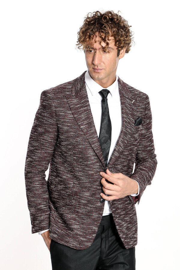 Desenli Slim Fit Spor Bordo Erkek Ceket - Wessi