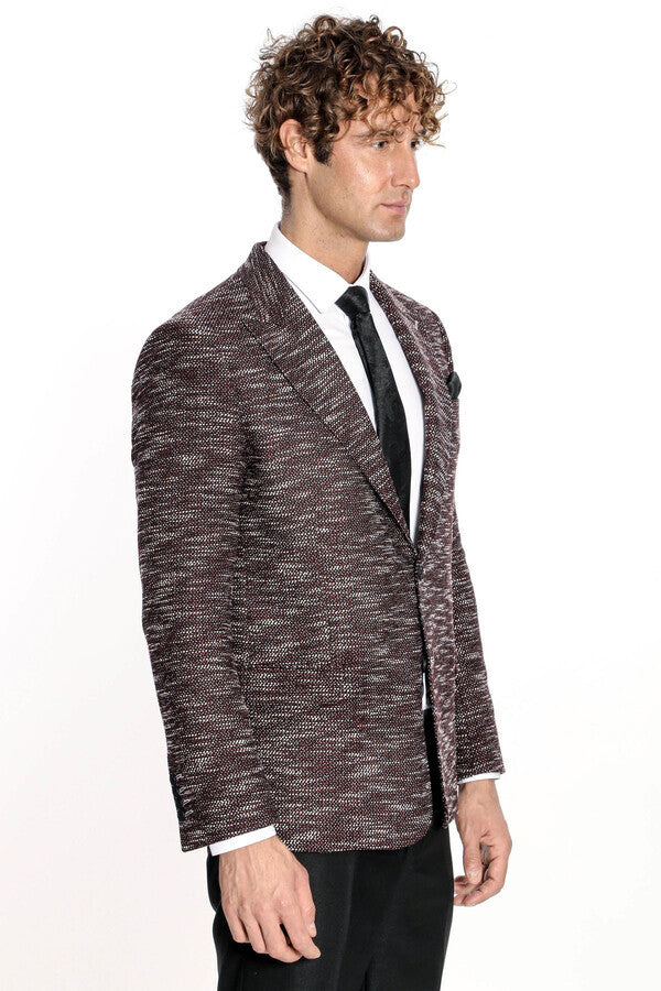 Desenli Slim Fit Spor Bordo Erkek Ceket - Wessi