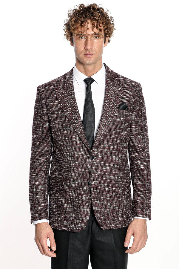 Desenli Slim Fit Spor Bordo Erkek Ceket - Wessi