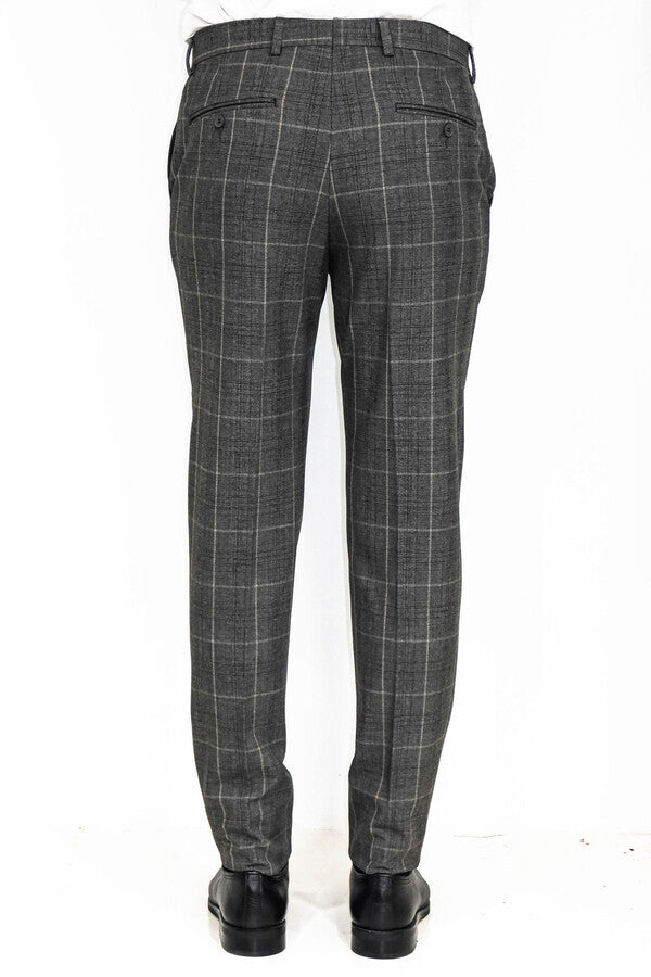 Kare Desenli Slim Fit Füme Erkek Pantolon - Wessi