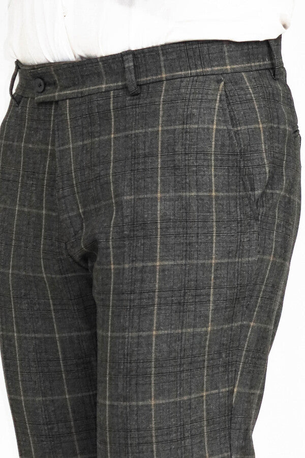 Kare Desenli Slim Fit Füme Erkek Pantolon - Wessi