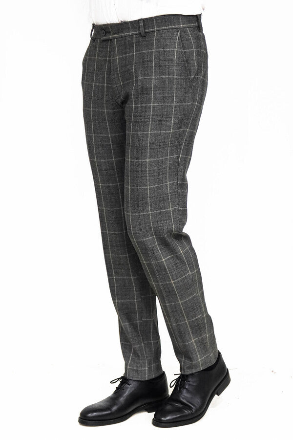 Kare Desenli Slim Fit Füme Erkek Pantolon - Wessi