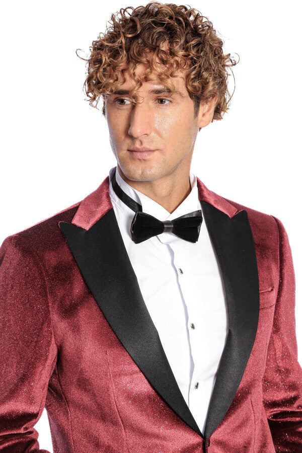 Simli Slim Fit Kadife Bordo Erkek Smokin Ceket - Wessi