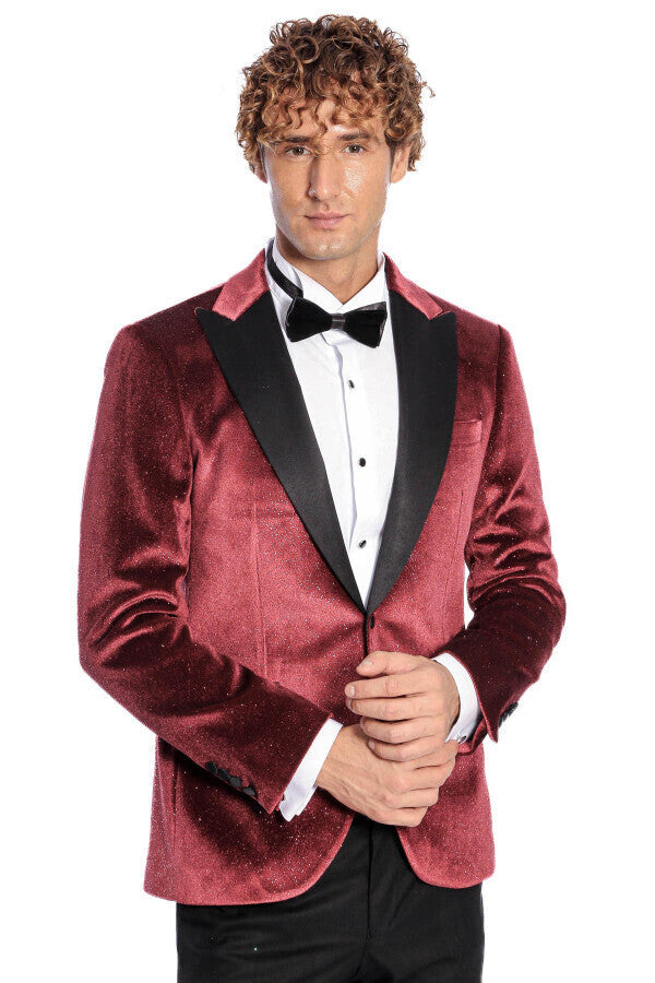 Simli Slim Fit Kadife Bordo Erkek Smokin Ceket - Wessi
