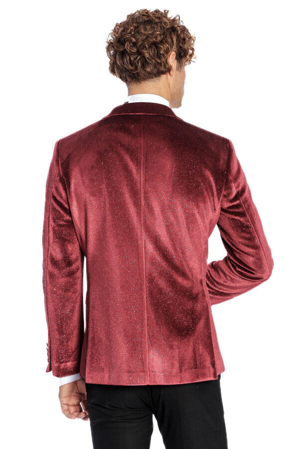 Simli Slim Fit Kadife Bordo Erkek Smokin Ceket - Wessi