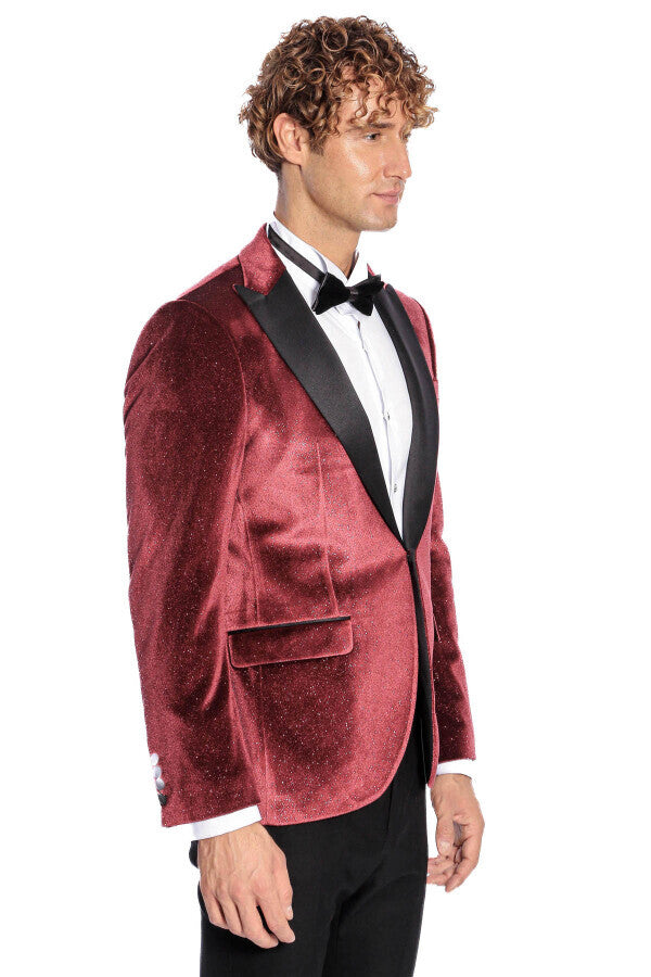 Simli Slim Fit Kadife Bordo Erkek Smokin Ceket - Wessi