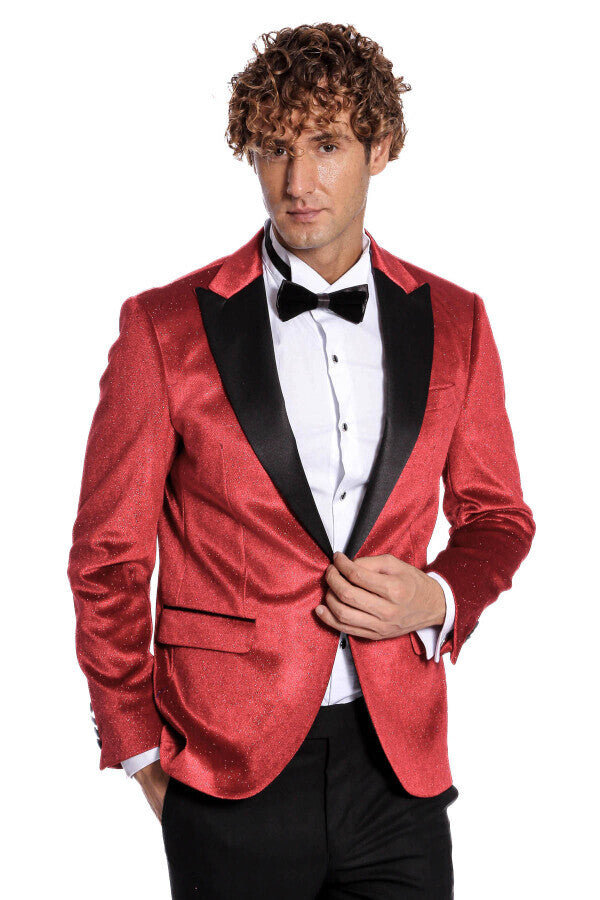 Simli Slim Fit Kadife Kırmızı Erkek Smokin Ceket - Wessi