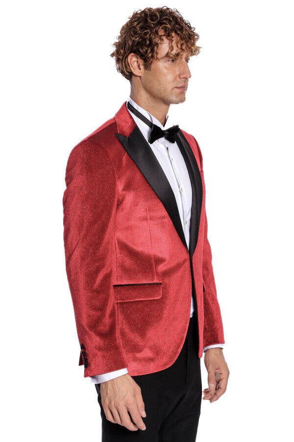 Simli Slim Fit Kadife Kırmızı Erkek Smokin Ceket - Wessi