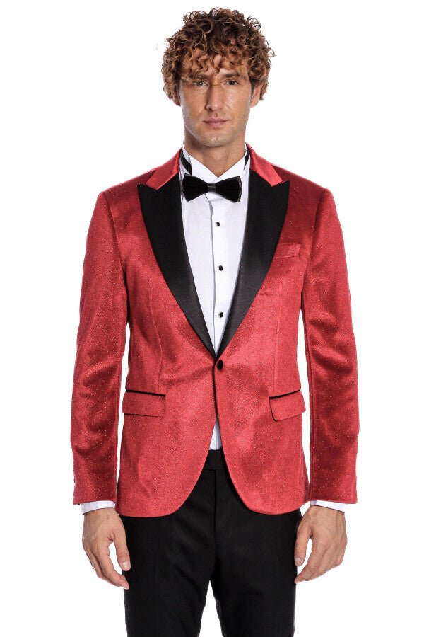 Simli Slim Fit Kadife Kırmızı Erkek Smokin Ceket - Wessi