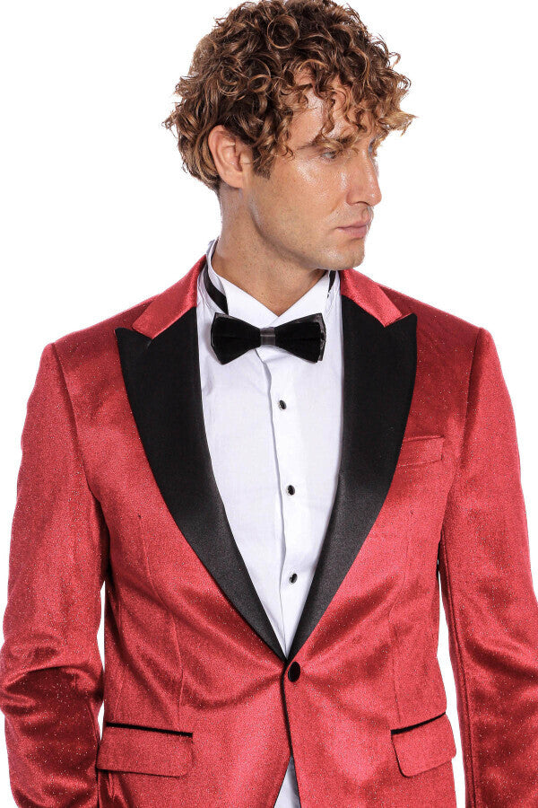 Simli Slim Fit Kadife Kırmızı Erkek Smokin Ceket - Wessi