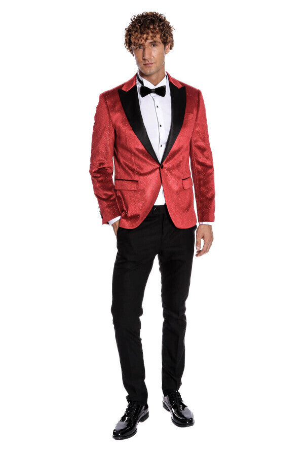 Simli Slim Fit Kadife Kırmızı Erkek Smokin Ceket - Wessi