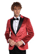 Simli Slim Fit Kadife Kırmızı Erkek Smokin Ceket - Wessi