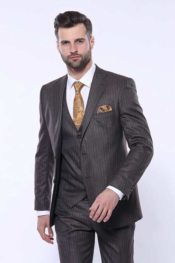 Çizgili Slim Fit Kahverengi Yelekli Takım Elbise | Wessi