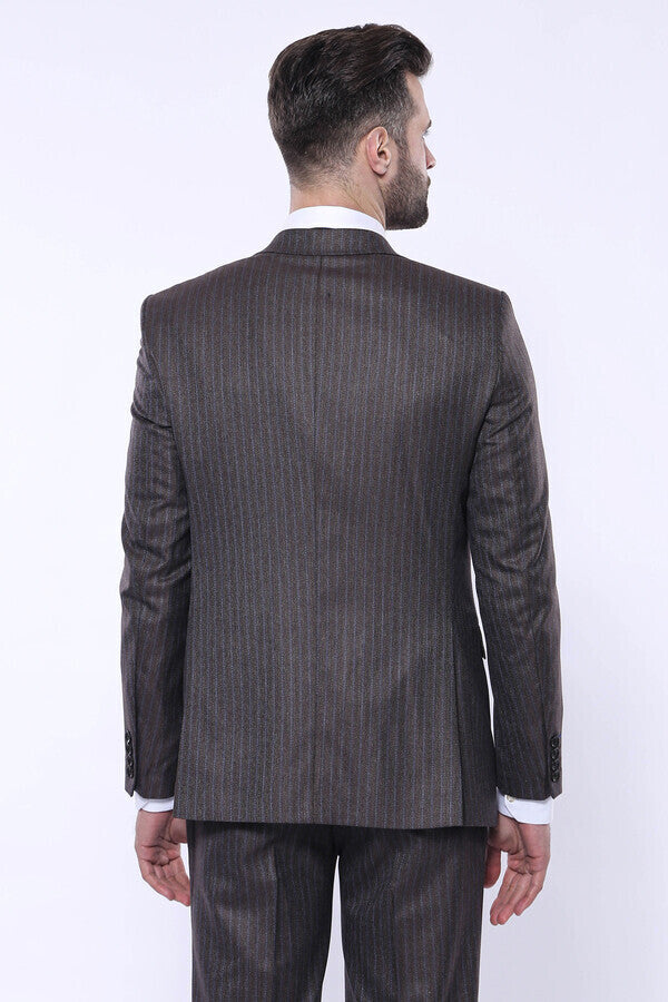 Çizgili Slim Fit Kahverengi Yelekli Takım Elbise | Wessi