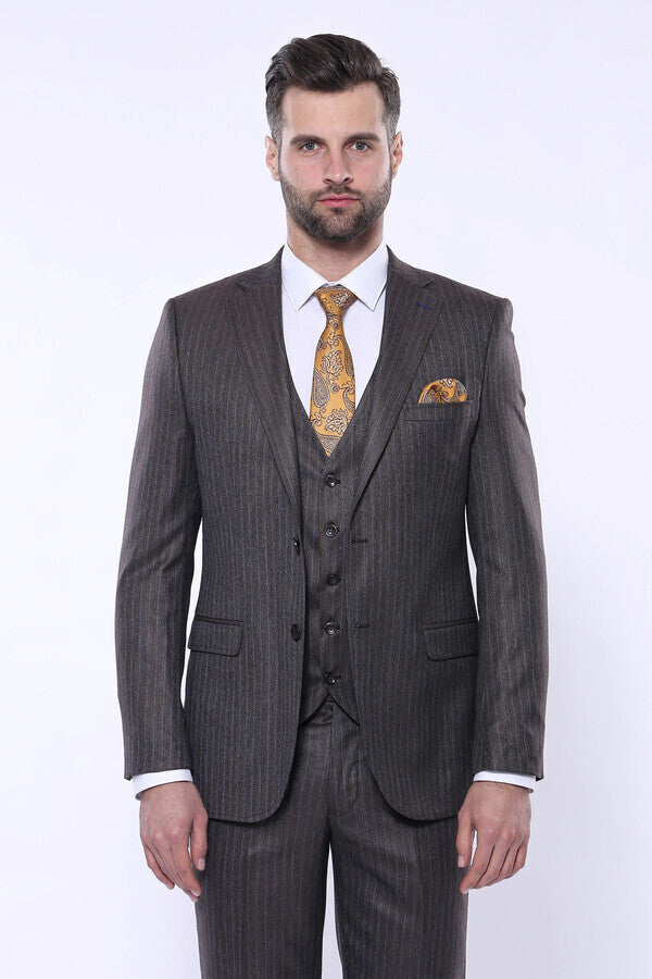 Çizgili Slim Fit Kahverengi Yelekli Takım Elbise | Wessi
