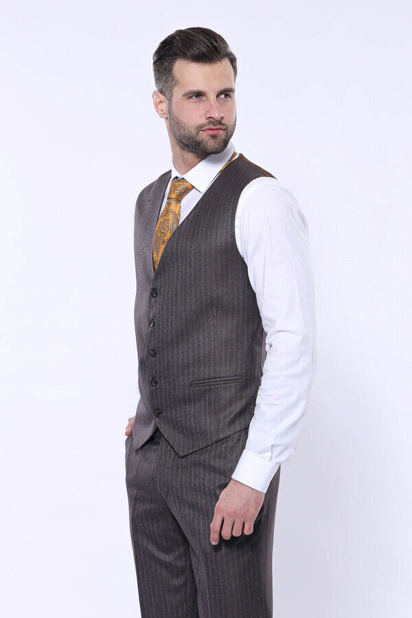 Çizgili Slim Fit Kahverengi Yelekli Takım Elbise | Wessi