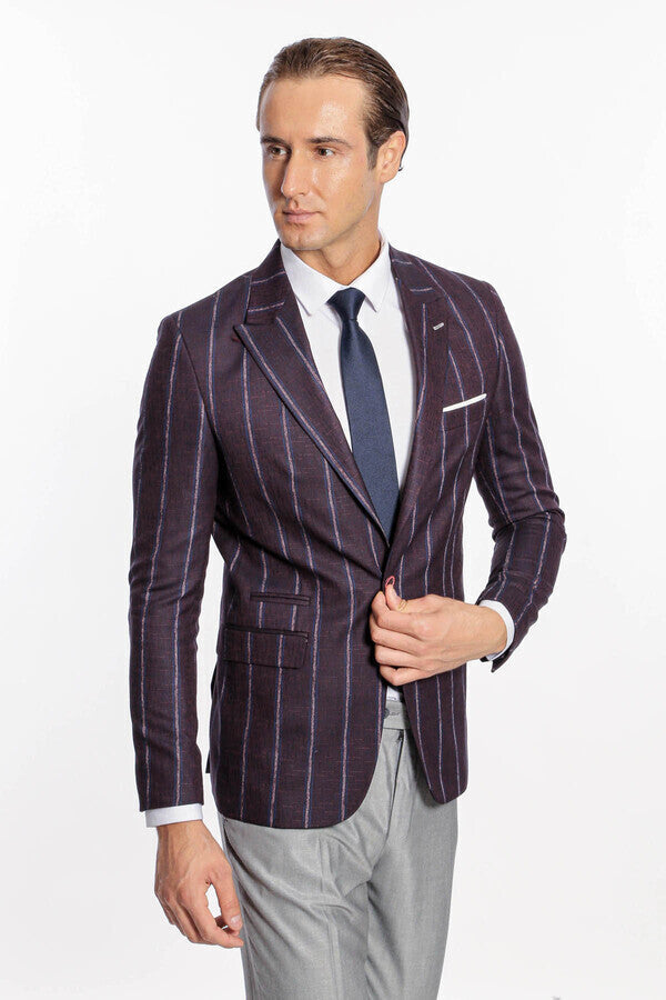 Çizgili Slim Fit Bordo Erkek Ceket - Wessi