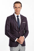 Striped Slim Fit Burgundy Men's Jacket - Wessi