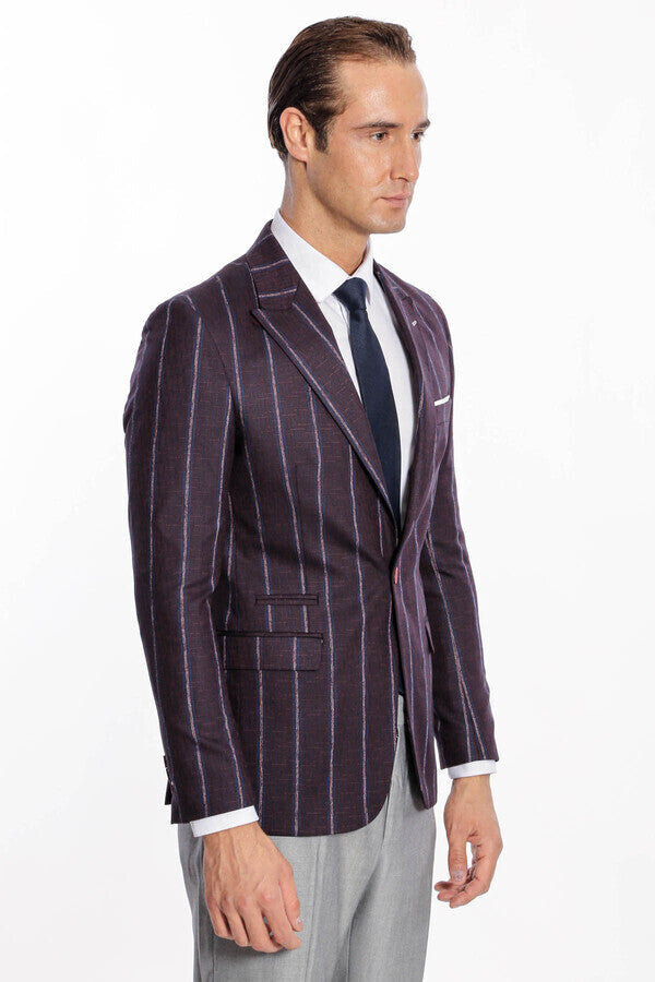 Çizgili Slim Fit Bordo Erkek Ceket - Wessi