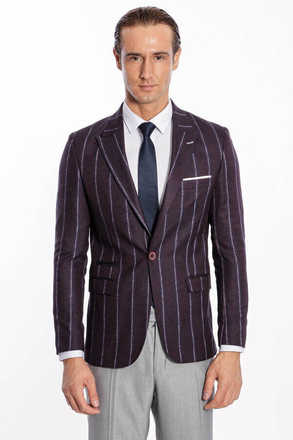Çizgili Slim Fit Bordo Erkek Ceket - Wessi