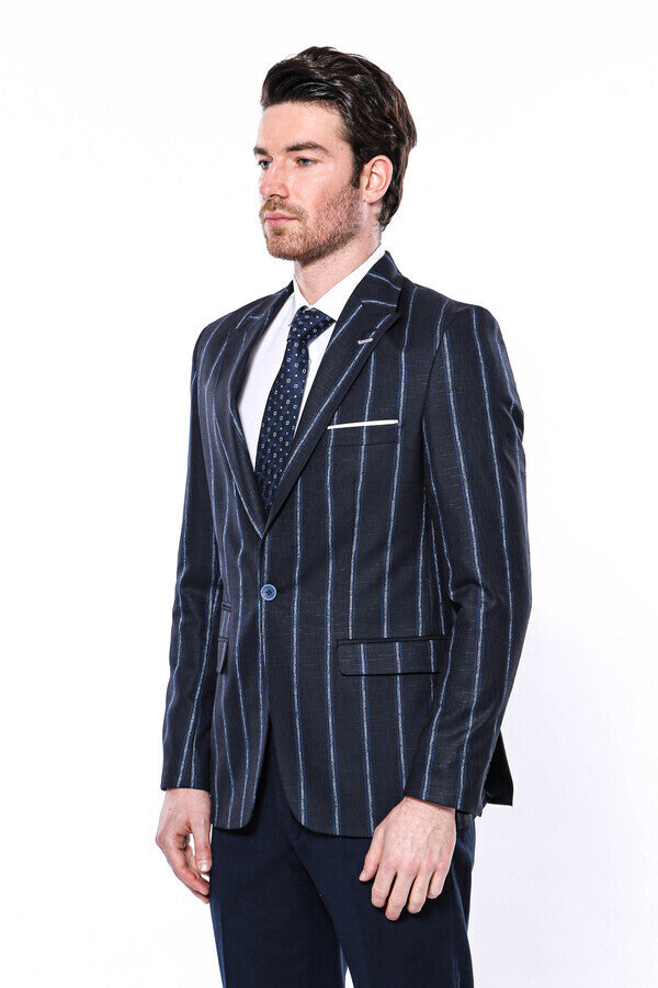Çizgili Lacivert Slim Fit Ceket | Wessi