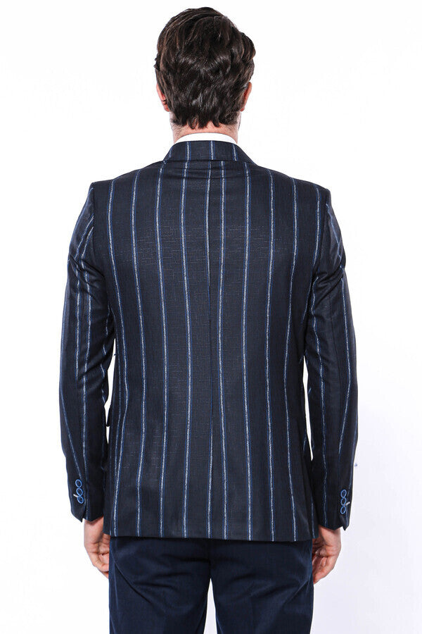 Çizgili Lacivert Slim Fit Ceket | Wessi