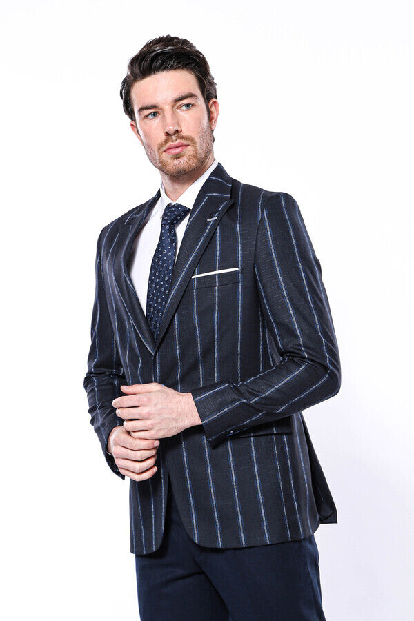 Çizgili Lacivert Slim Fit Ceket | Wessi