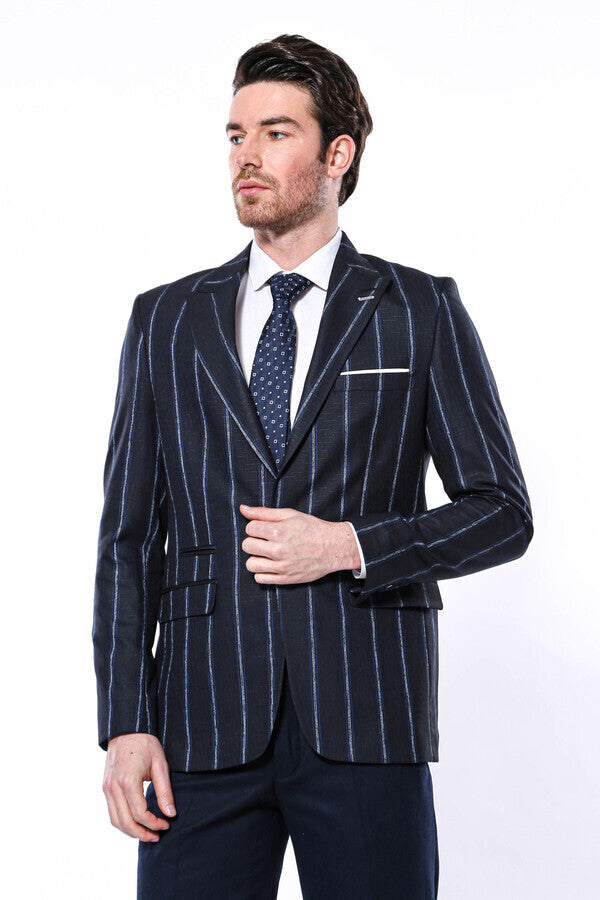 Çizgili Lacivert Slim Fit Ceket | Wessi