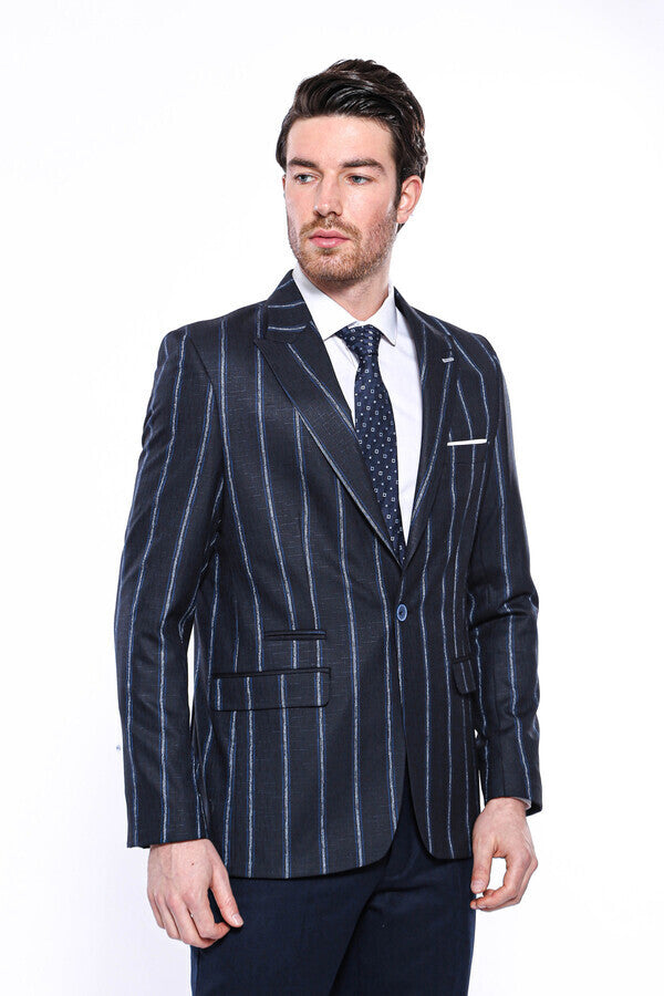 Çizgili Lacivert Slim Fit Ceket | Wessi