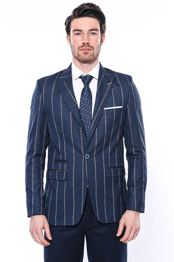 Çizgili Açık Slim Fit Lacivert Erkek Ceket - Wessi