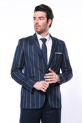 Striped Light Slim Fit Navy Blue Men's Jacket - Wessi