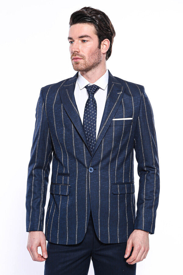 Çizgili Açık Slim Fit Lacivert Erkek Ceket - Wessi