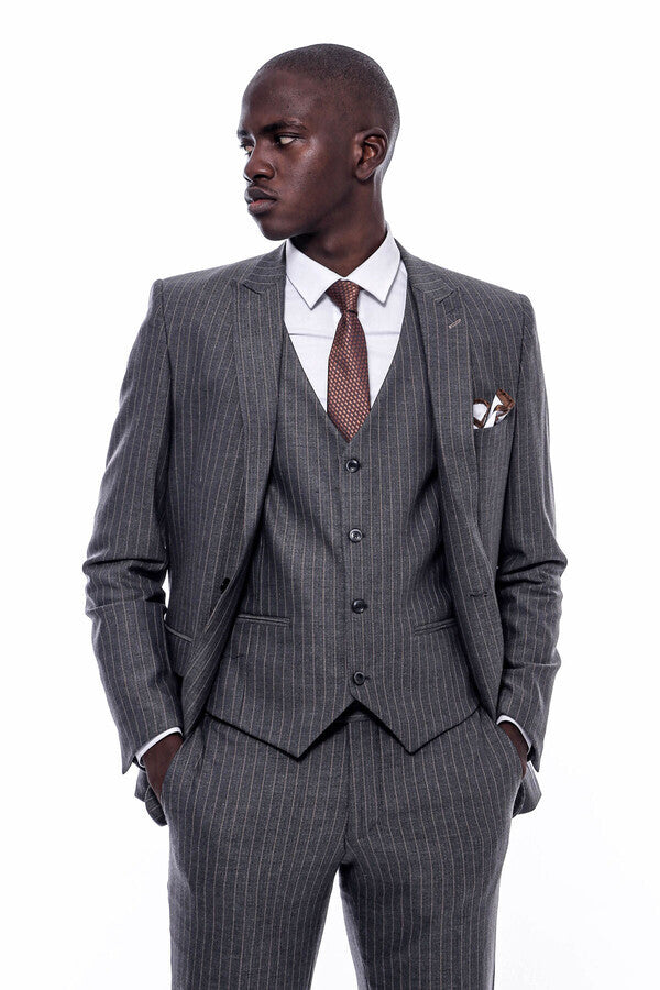 Çizgili Slim Fit Antrasit Erkek Takım Elbise - Wessi