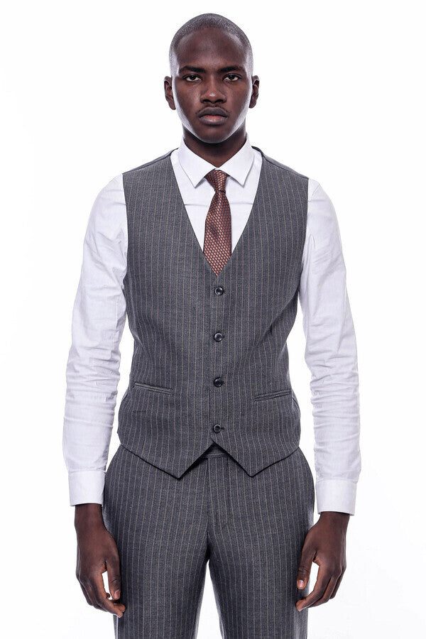 Çizgili Slim Fit Antrasit Erkek Takım Elbise - Wessi
