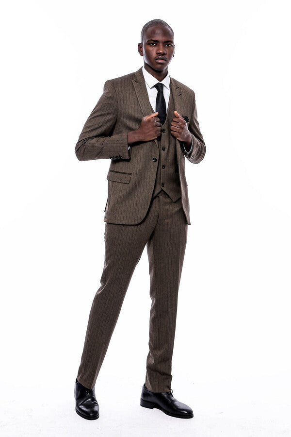 Çizgili Slim Fit Kahverengi Erkek Takım Elbise - Wessi