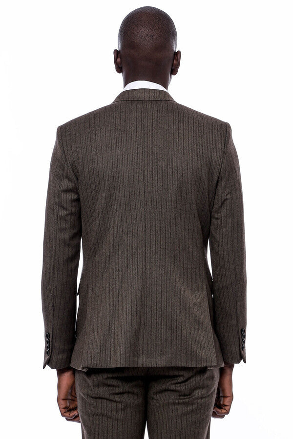 Çizgili Slim Fit Kahverengi Erkek Takım Elbise - Wessi