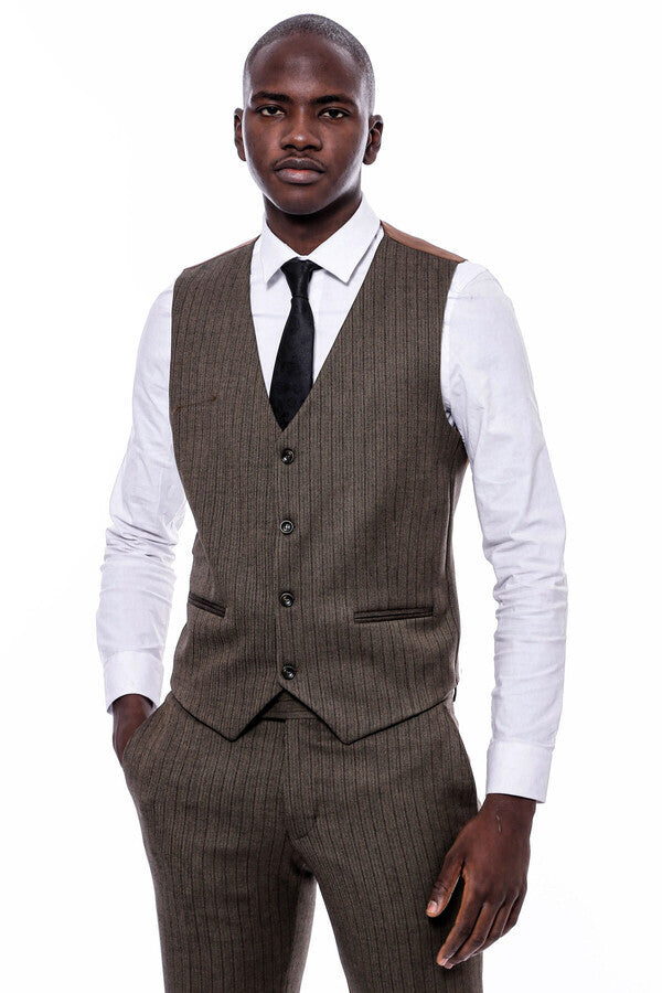 Çizgili Slim Fit Kahverengi Erkek Takım Elbise - Wessi